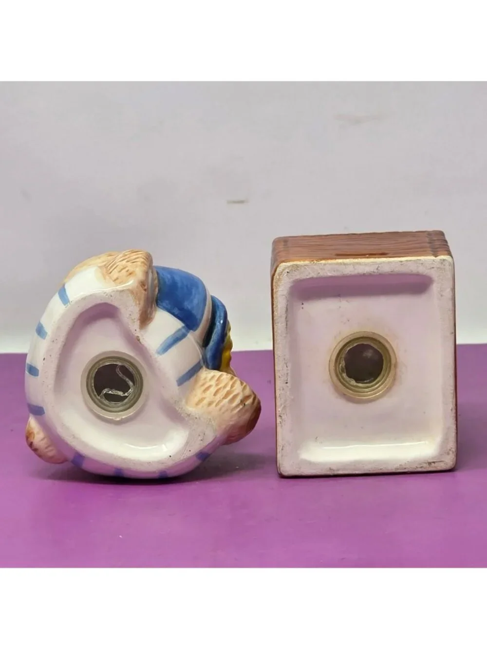 Ceramic Teddy Bear Honey Pot Salt Pepper Shakers Vintage Brown Blue Hand-Painted